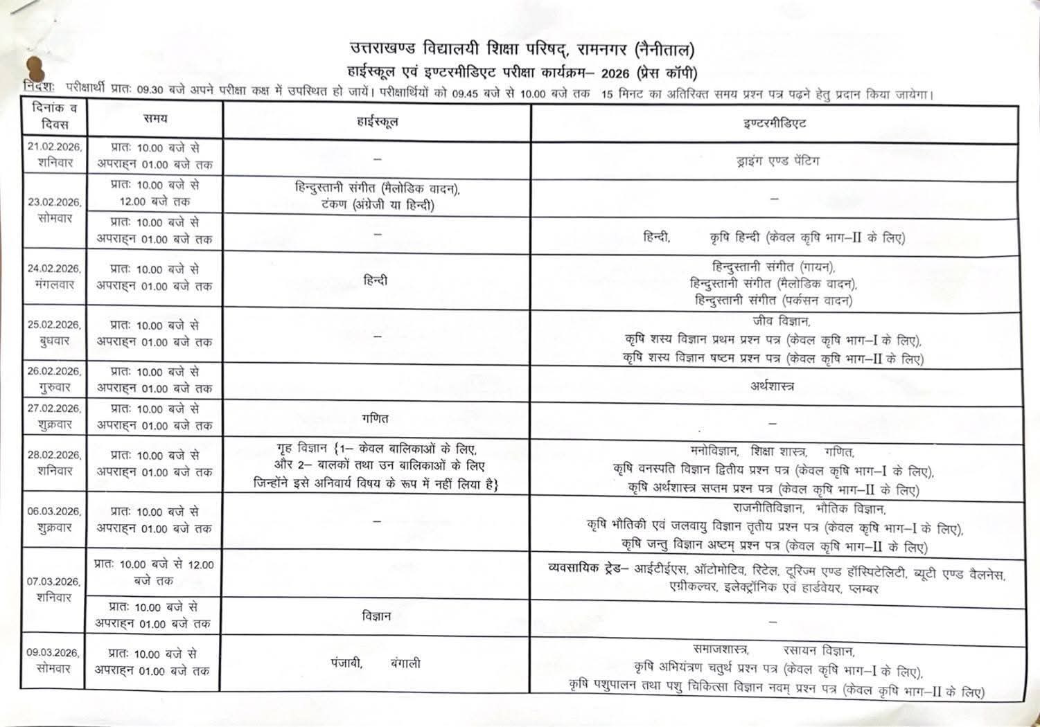 Uttarakhand Borad Exam date sheet 2026
